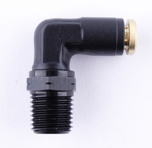 Kuva: Pneumaattinen - 90 astetta - 1/4" NPT - 1/4" / 6,35 mm.