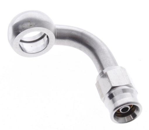 Kuva: 90° banjo I.D. 11,2 mm - paksuus 8,2 mm - Sopii AN3 PTFE-letkuun